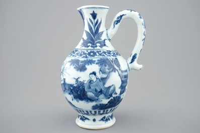 A blue and white Chinese jug, Transitional period, 1620-1683